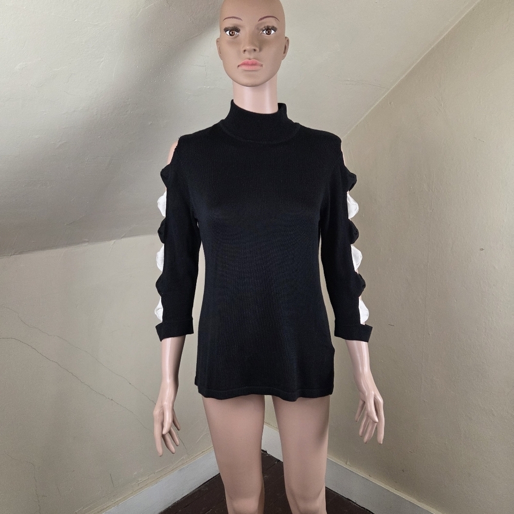 Kobi Halperin Black Cold Shoulder‎ Bow Sleeve Knit Top Mock Neck Small